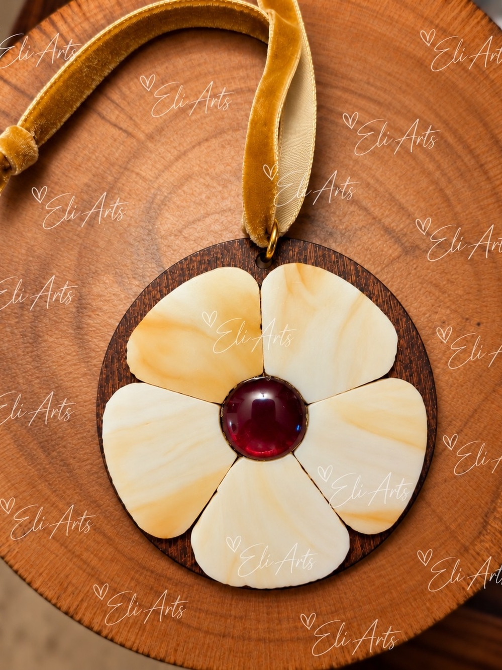 Velvet Ribbon Floral Ornament with Cream Petals and Burgundy Center
